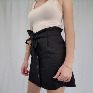 Black button front ramie cotton blend mini skirt